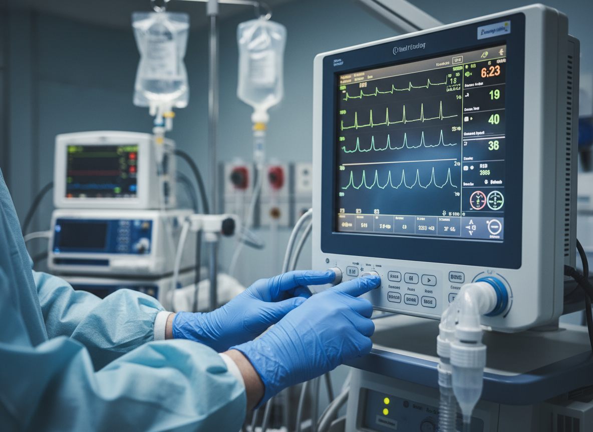 Medical professional monitoring critical care equipment and patient vitals